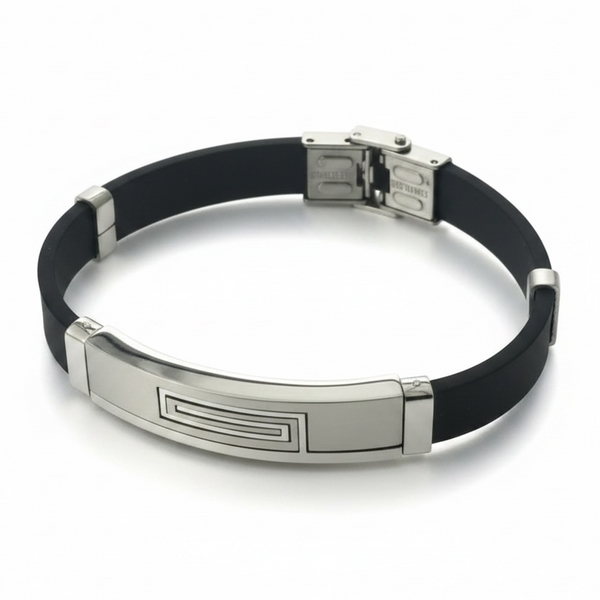 Men's Stainless Steel & Rubber ID Bracelet – Greek Key Design