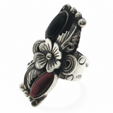Onyx & Carnelian Large Floral Sterling Silver Ring