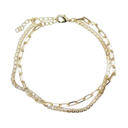 Gold 18K Filled Stacked Paperclip Chain Cz Stones Bracelet
