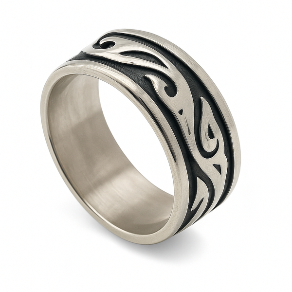 Oxidised 8mm Frond Sterling Silver Band