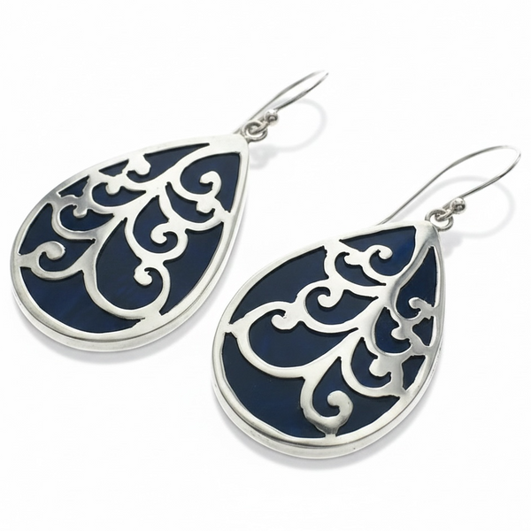 Paua Dyed Blue Silver Overlay Silver Earrings