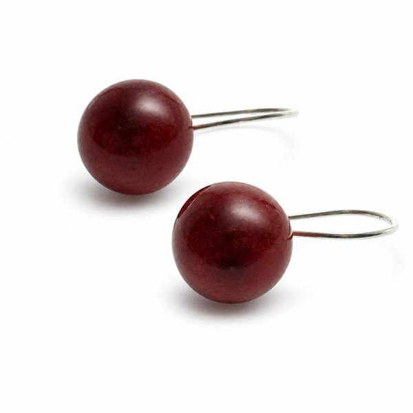 Red Coral Ball Drop Sterling Silver Earrings