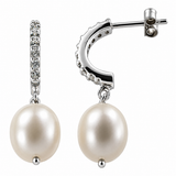 Cubic Zirconia Hoop with Pearl Drop Sterling Silver Earrings