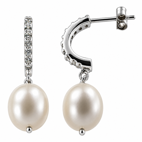 Cubic Zirconia Hoop with Pearl Drop Sterling Silver Earrings