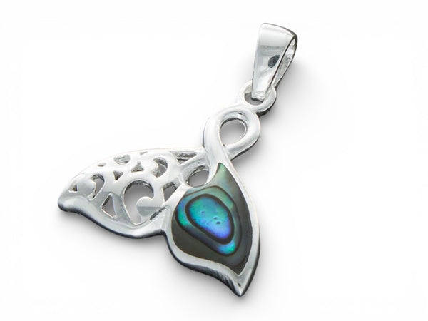 Sterling Silver Paua Shell Fish Tail Pendant - .925 Silver Filigree Pendant