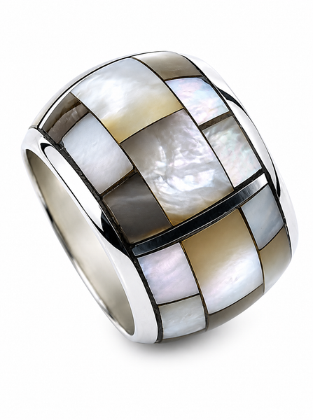 Mother of Pearl Half Wire Rounded 15mm Sterling Silver Band