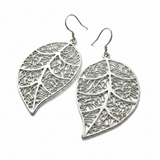 Large Filigree Leaf Drop Earrings – Sterling Silver Plated