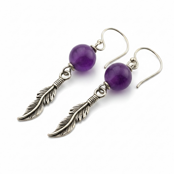 Amethyst & Sterling Silver Feather and Ball Earrings