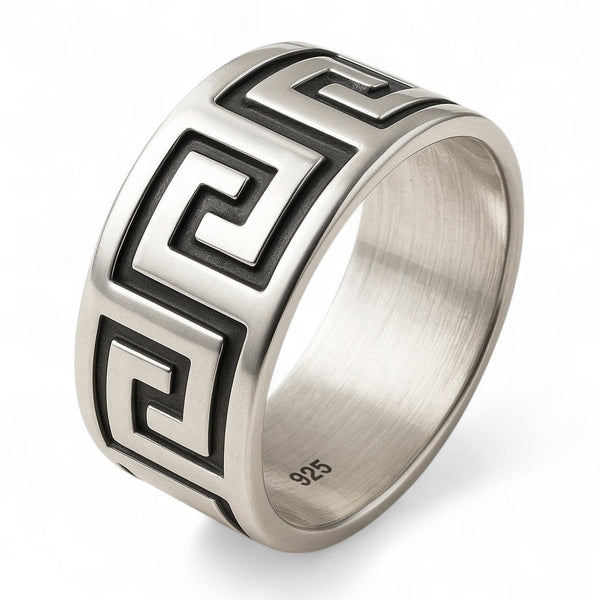Oxidised Sterling Silver Greek Key Band Ring