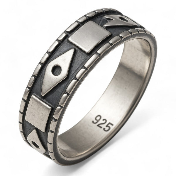 Oxidised Geometric Sterling Silver Band