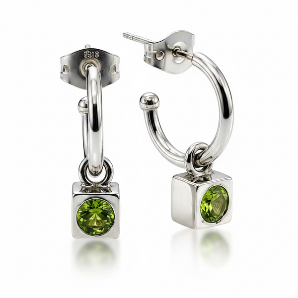 Peridot Cube Hoop Earrings 29mm – Sterling Silver Indonesian Craftsmanship