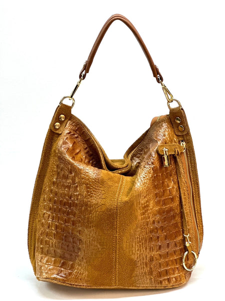 Italian Croc-Embossed Suede Hobo Bag – Made in Italy