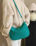 Italian Studded Suede Half Moon Shoulder Bag