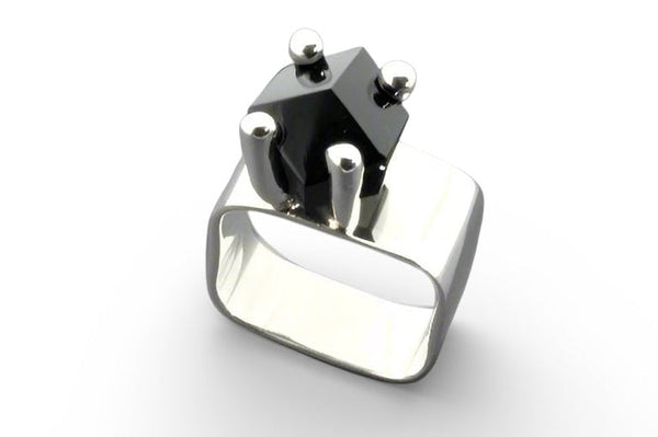 Onyx Sterling Silver Square Ring with Claw