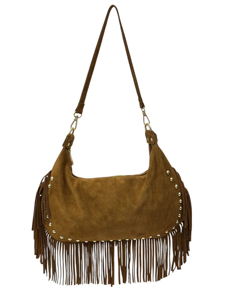 Italian Fringed Suede Hobo Shoulder Bag