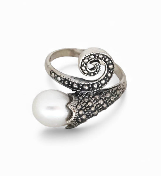Pearl Snake Wrap Sterling Silver Ring
