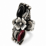 Onyx & Carnelian Large Floral Sterling Silver Ring