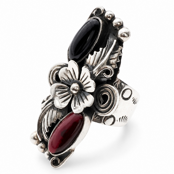 Onyx & Carnelian Large Floral Sterling Silver Ring