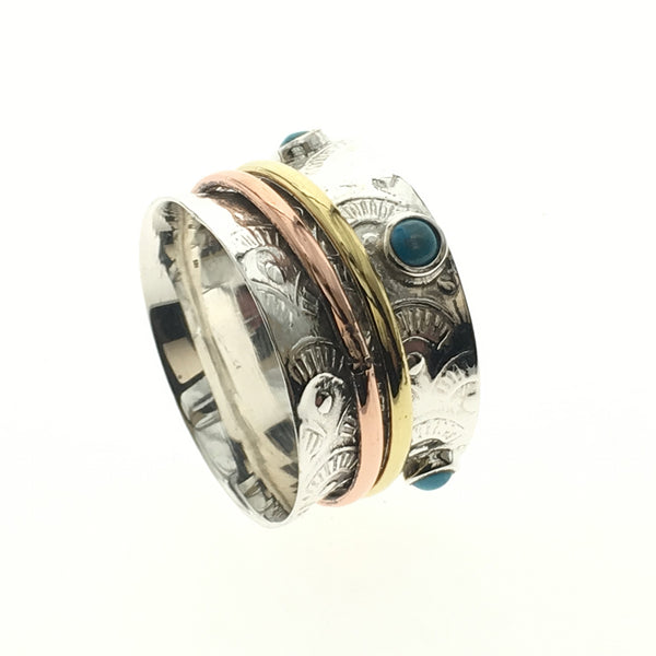 Sterling Silver & Brass Copper Turquoise Studded Spinner Ring