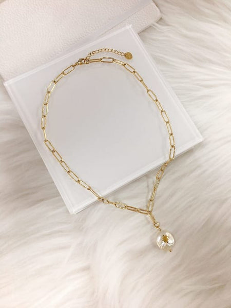 Stainless Steel Imitation Pearl Irregular Trend Link Necklace