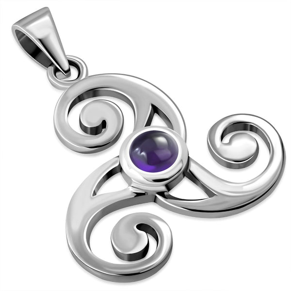 Celtic Triskele Triple Spiral Silver Pendant set w/ Amethyst Stone