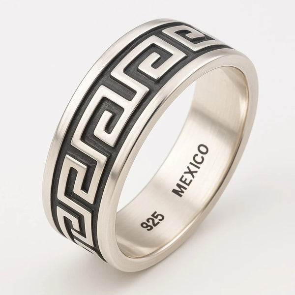 Oxidised Greek Key Design Sterling Silver Band