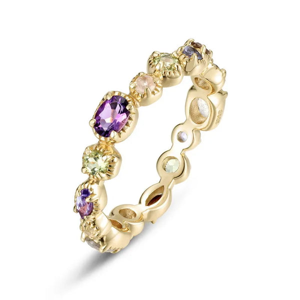S925 Sterling Silver Gold Plated Multi-Stone Natural Gemstone Ring