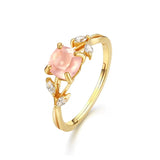 S925 Sterling Silver Gold-Plated Natural Rose Quartz Leaf Zircon Ring
