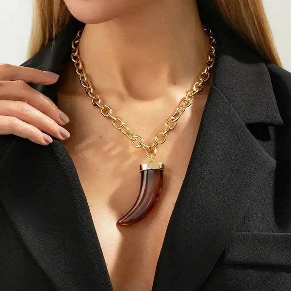 Acrylic Imitation of Cow Horns Pendant Metal Necklace