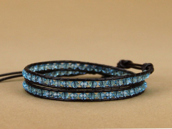 Wrap Leather 2 layer 4MM Blue Crystal Bracelet - Essentially Silver Jewelry