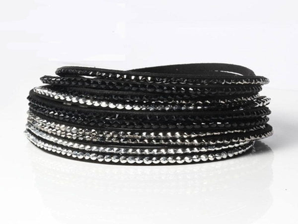 Multi-Layer Leather Crystal White & Black Bracelet - Essentially Silver Jewelry