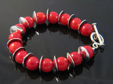 Red Coral Resin Silver Cup Link Sterling Bracelet - Essentially Silver Jewelry