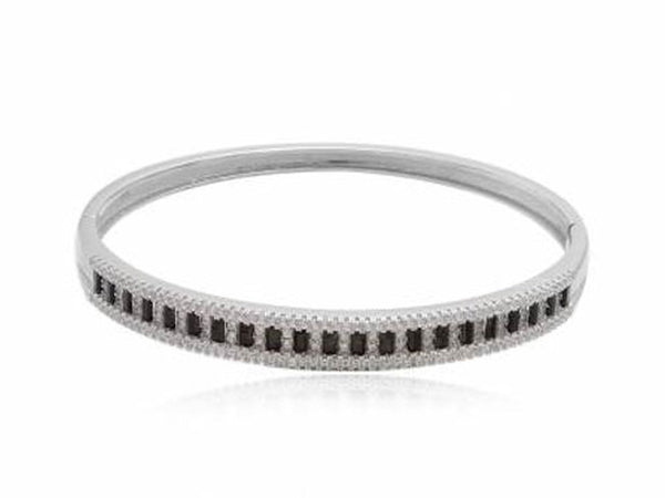 Cubic Zirconia Black & White Sterling Silver Hinged Bangle - Essentially Silver Jewelry