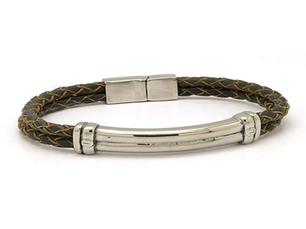 Leather & Stainless Steel Clasp Bracelet Brown