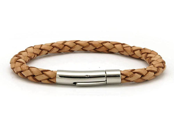 Leather & Stainless Steel Clasp Bracelet Tan