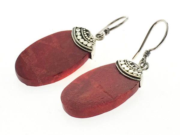Red Coral Oval .925 Sterling Silver Earrings - Essentially Silver Jewelry