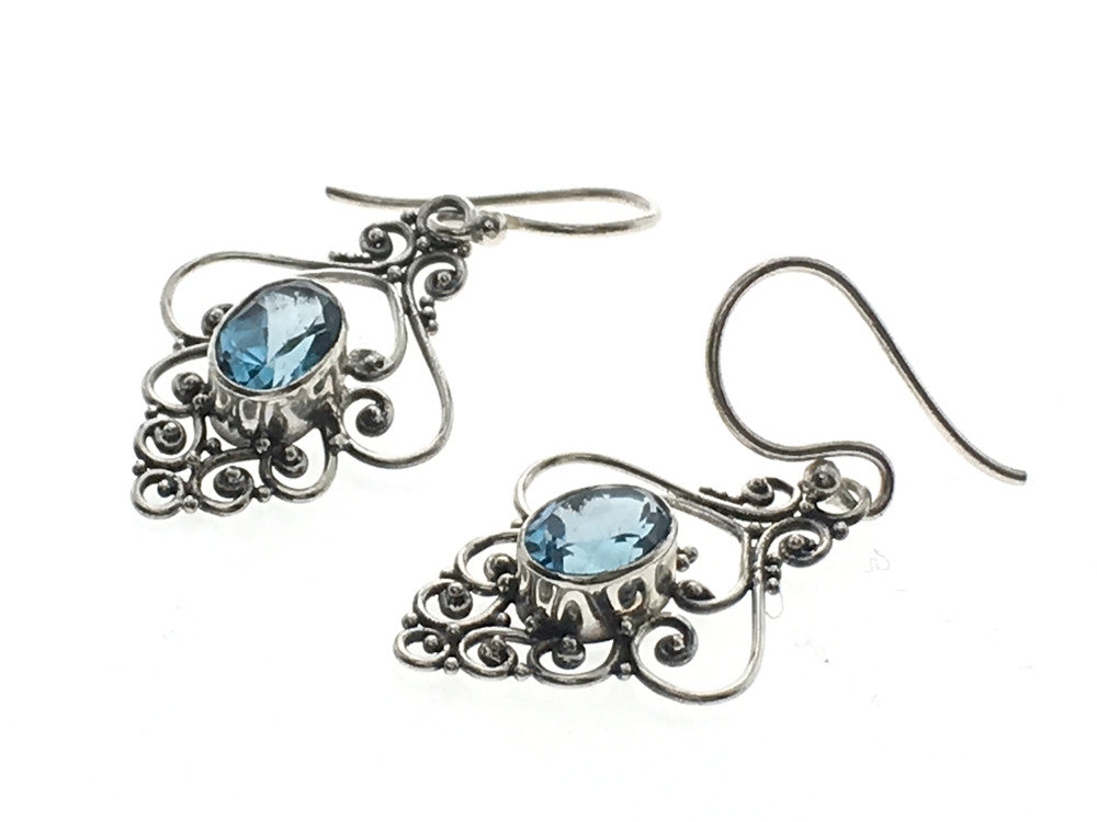 Blue Topaz Filagree Drop .925 Sterling Silver Earrings - Essentially Silver Jewelry