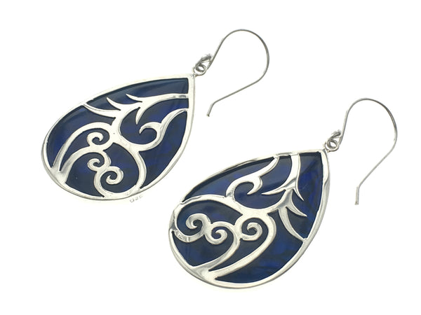 Paua Dyed Blue Sterling Silver Carving Earrings
