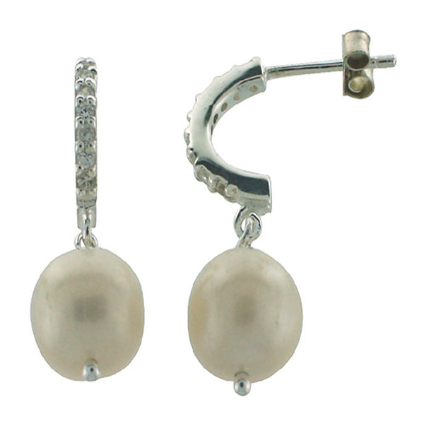 Cubic Zirconia Hoop with Pearl Drop Sterling Silver Earrings - Essentially Silver Jewelry