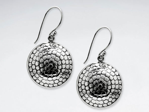 Oxidized Dimpled Textured Circle Disc Drop Earrings