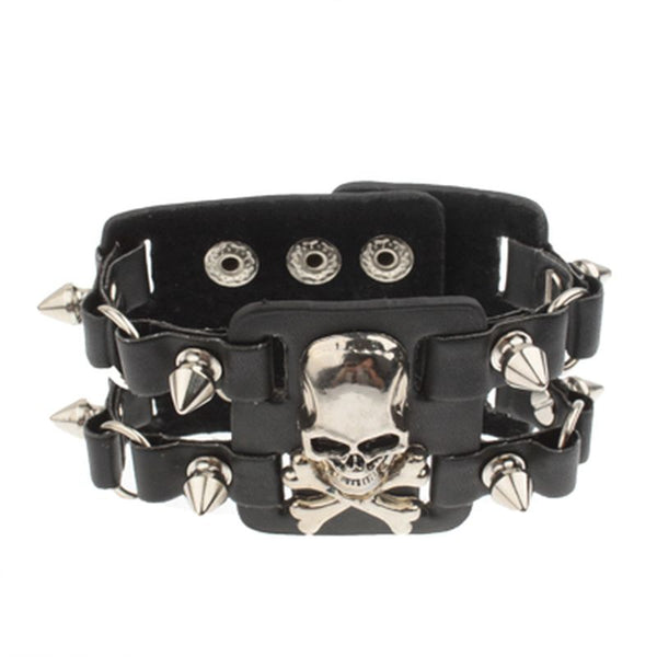 Leather skull rivet wide bracelet wristband