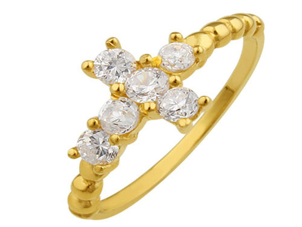 Gold Plated Cubic Zirconia Cross Sterling Silver Ring - Essentially Silver Jewelry
