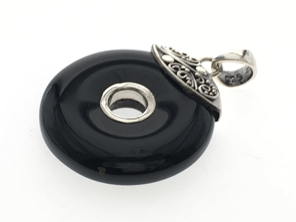 Black Round Resin Sterling Silver Pendant