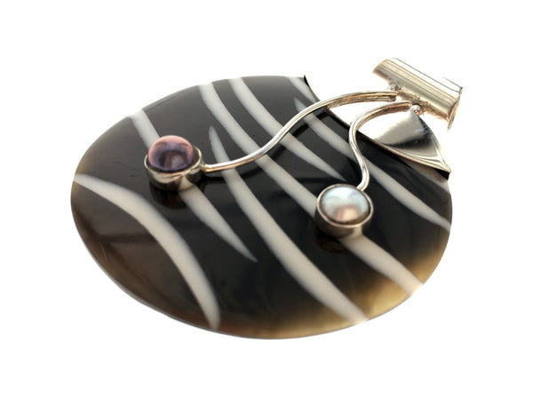 Shell Zebra Stripe and Pearl Sterling Silver Pendant