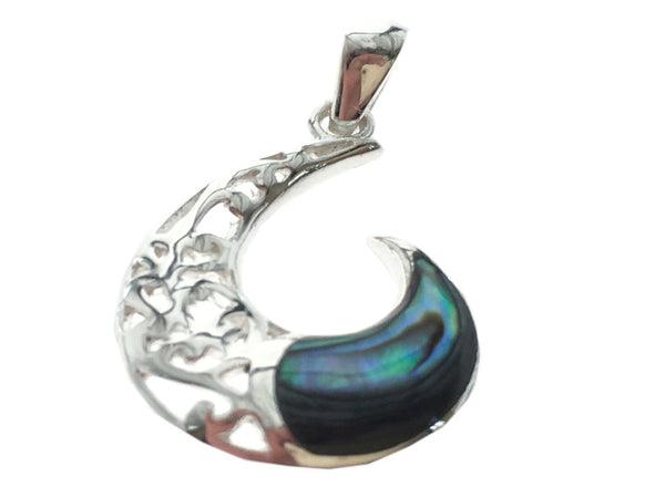 Paua Fish Hook Filagree Sterling Silver Pendant - Essentially Silver Jewelry