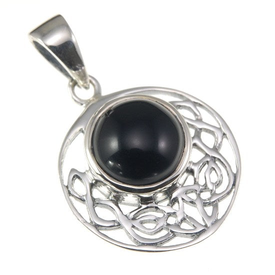 Black Onyx cab Round Celtic Knot Silver Pendant