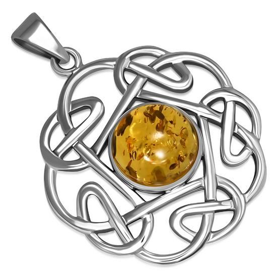 Amber Round Celtic Knot Sterling Silver Pendant