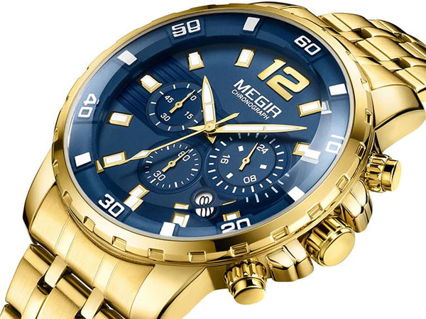 Gold Stainless Steel Quartz Watch Chronograph Analogue Wristwatch